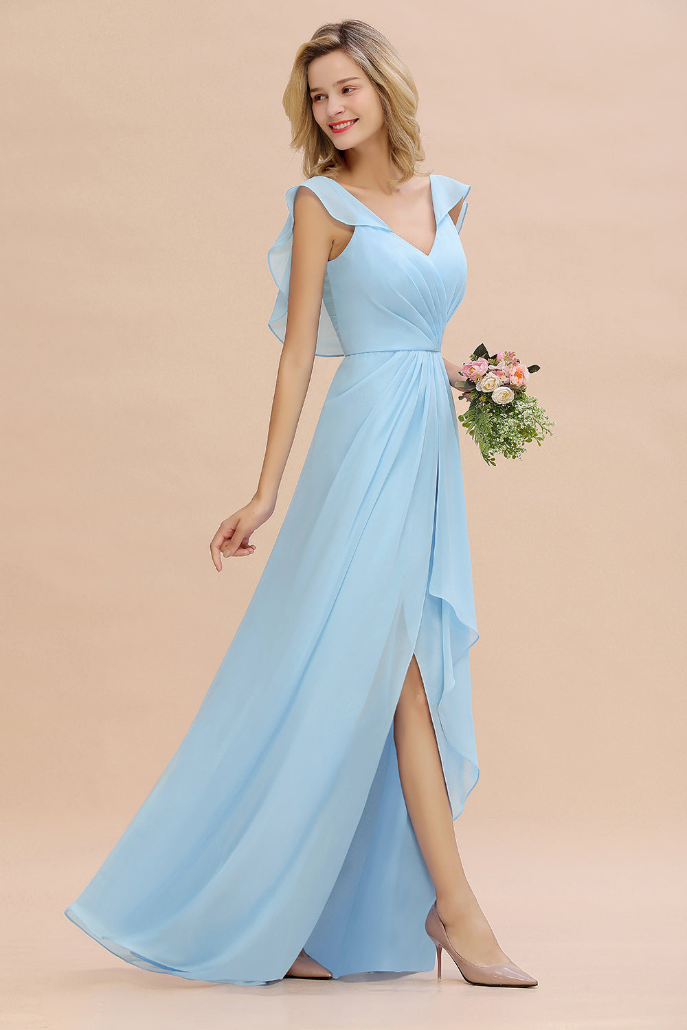 Modest Hi-Lo V-Neck Ruffle Long Bridesmaid Dresses with Slit