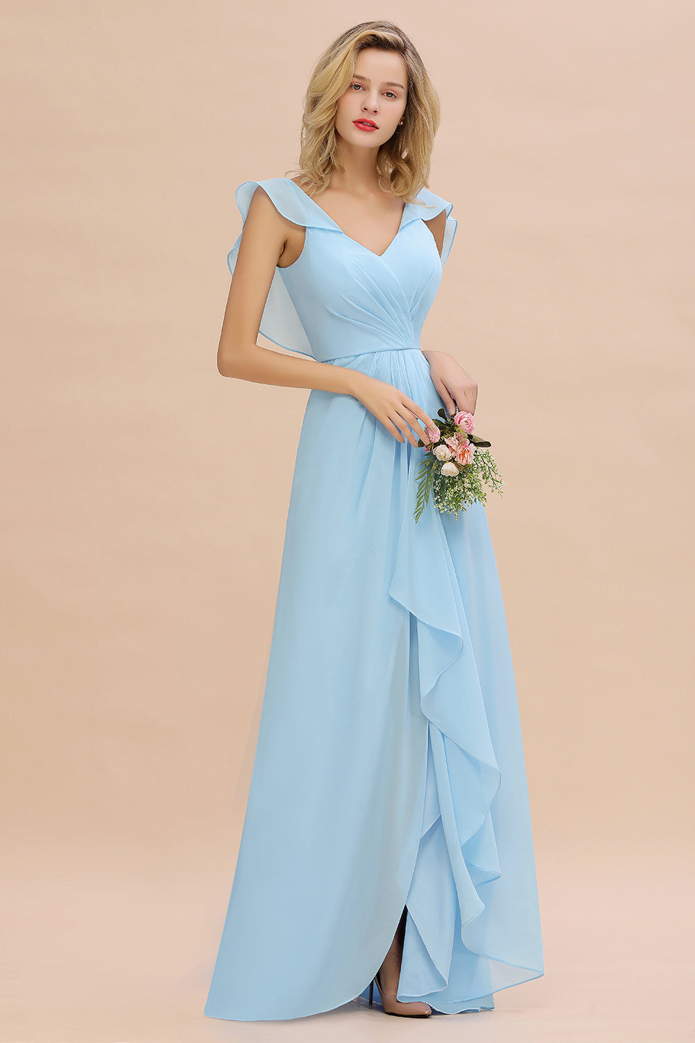 Modest Hi-Lo V-Neck Ruffle Long Bridesmaid Dresses with Slit