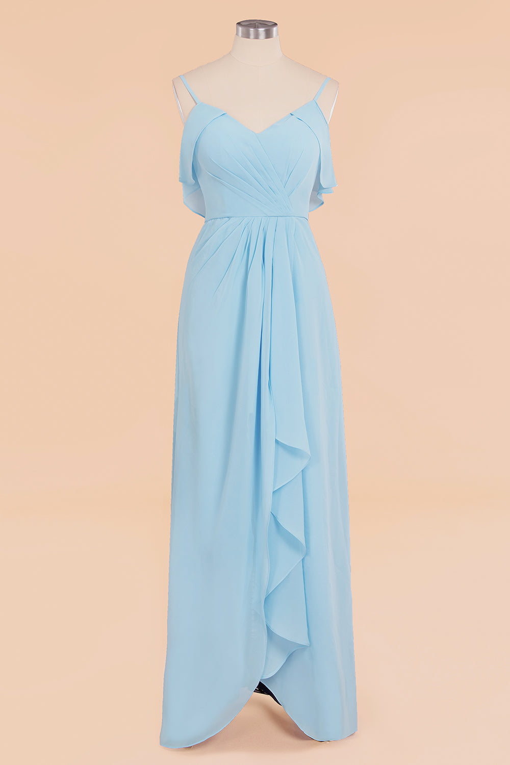 Modest Hi-Lo V-Neck Ruffle Long Bridesmaid Dresses with Slit