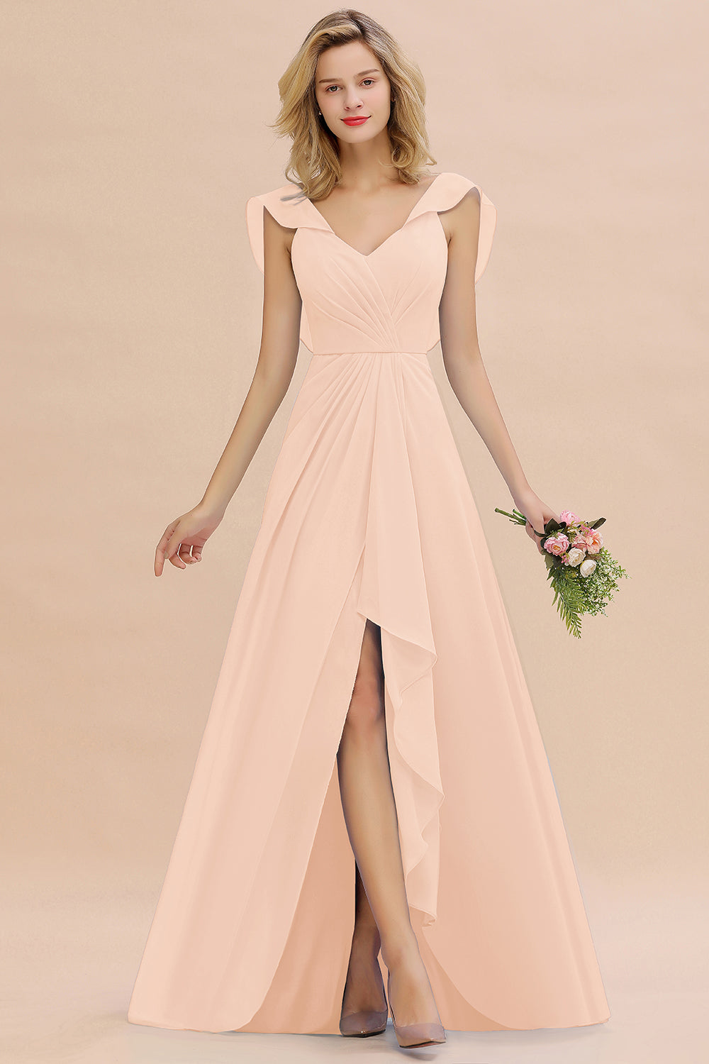 Modest Hi-Lo V-Neck Ruffle Long Bridesmaid Dresses with Slit