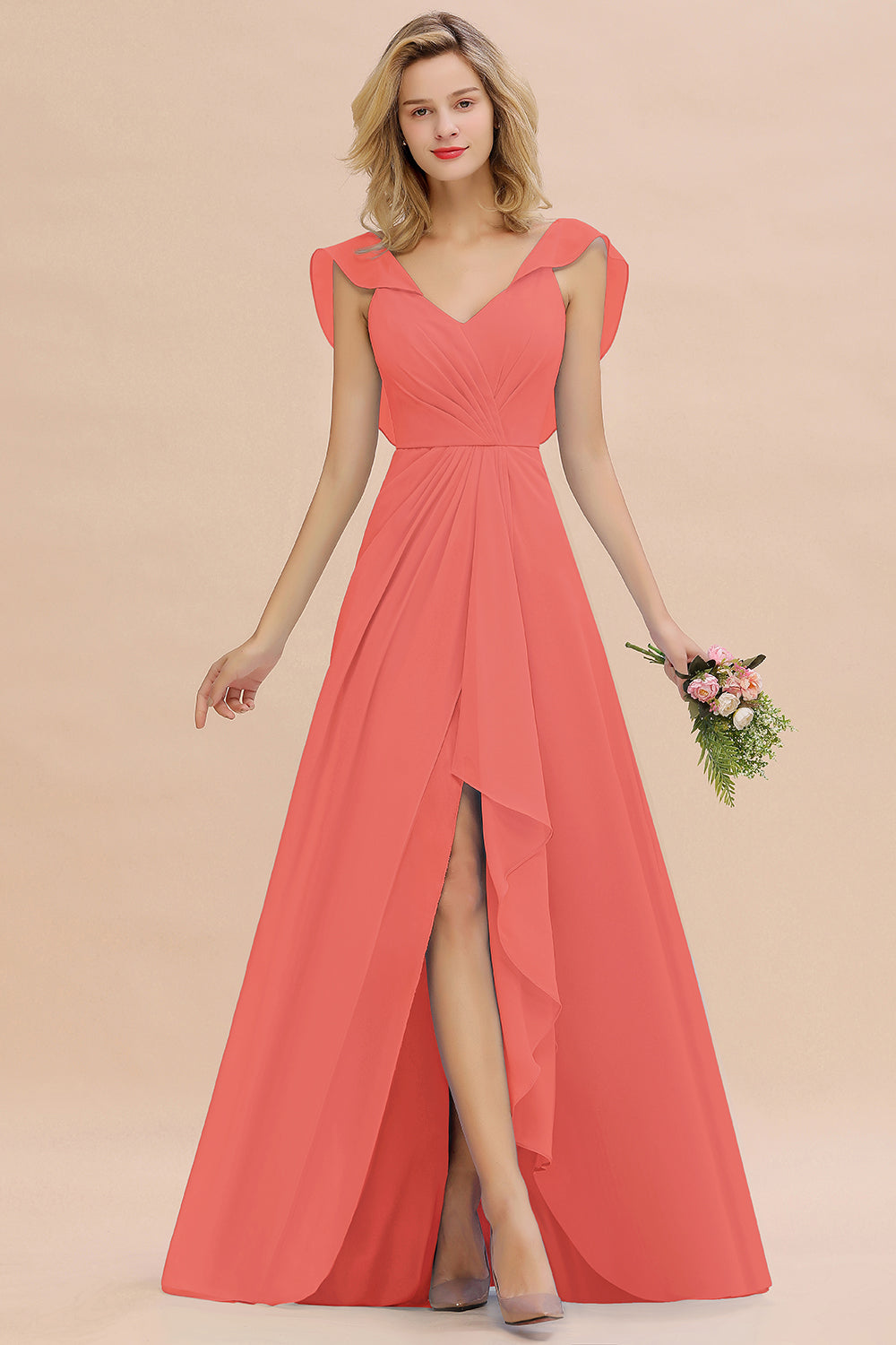 Modest Hi-Lo V-Neck Ruffle Long Bridesmaid Dresses with Slit