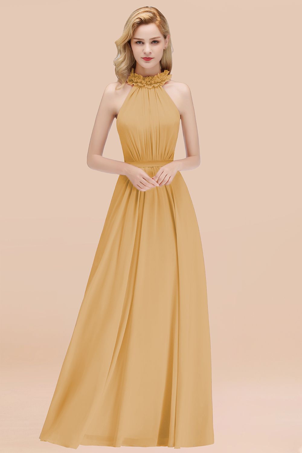 Modest High-Neck Halter Ruffle Chiffon Bridesmaid dresses Affordable