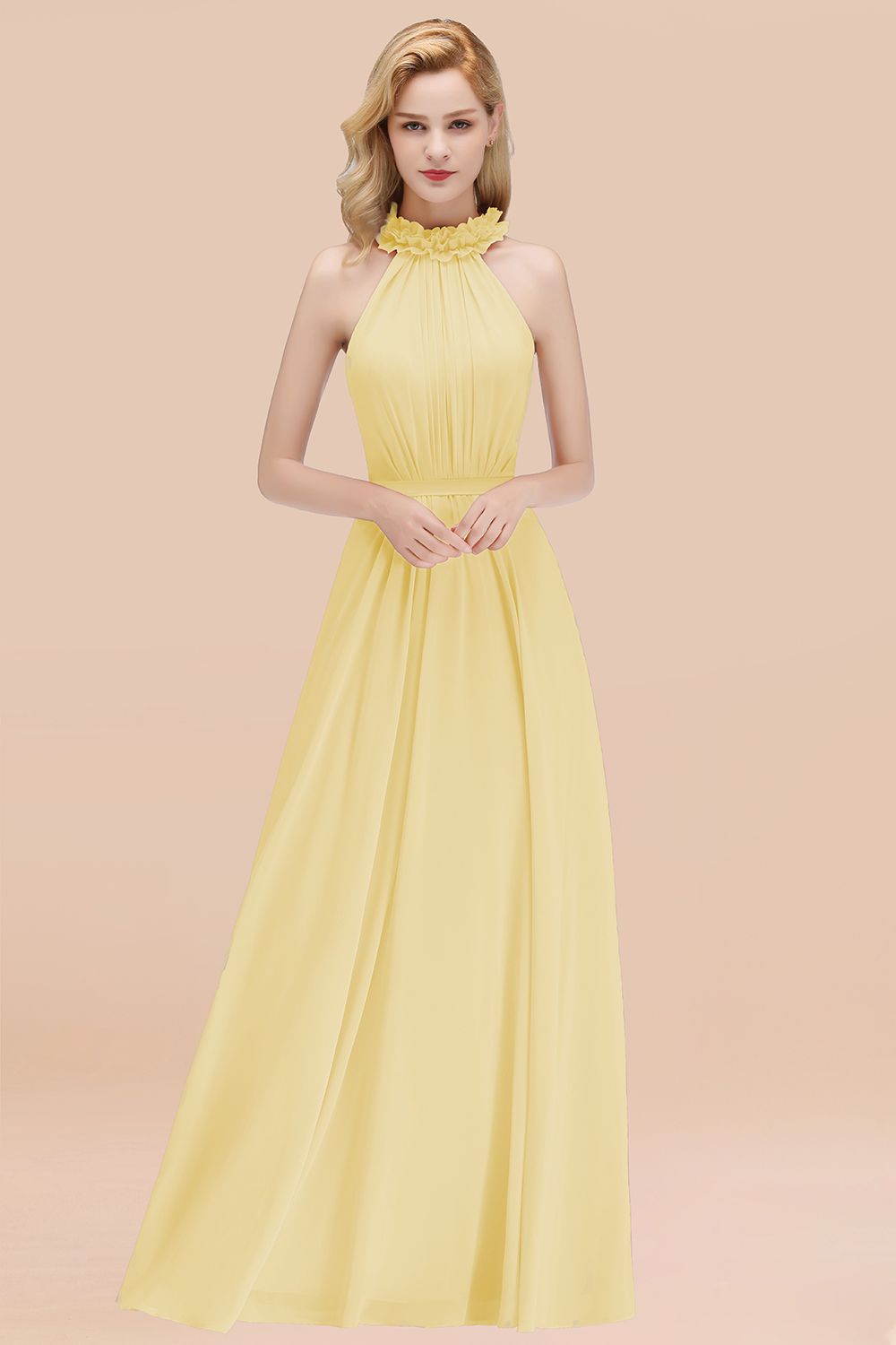 Modest High-Neck Halter Ruffle Chiffon Bridesmaid dresses Affordable