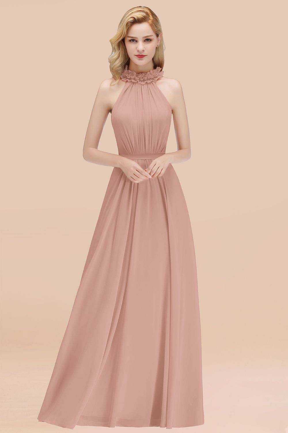 Modest High-Neck Halter Ruffle Chiffon Bridesmaid dresses Affordable