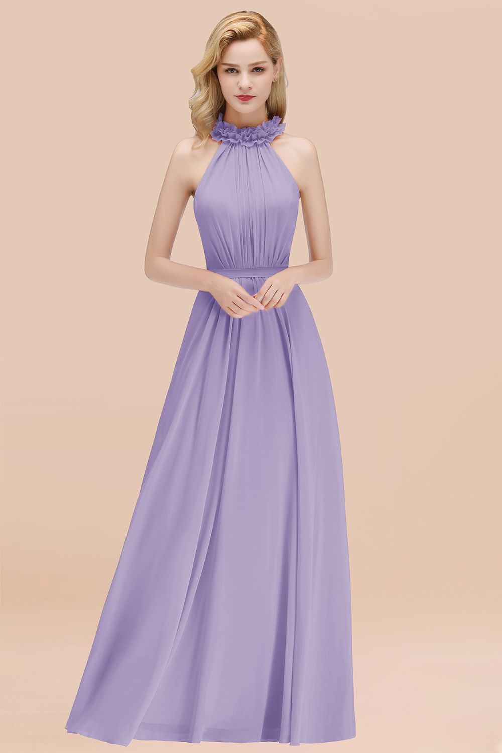 Modest High-Neck Halter Ruffle Chiffon Bridesmaid dresses Affordable