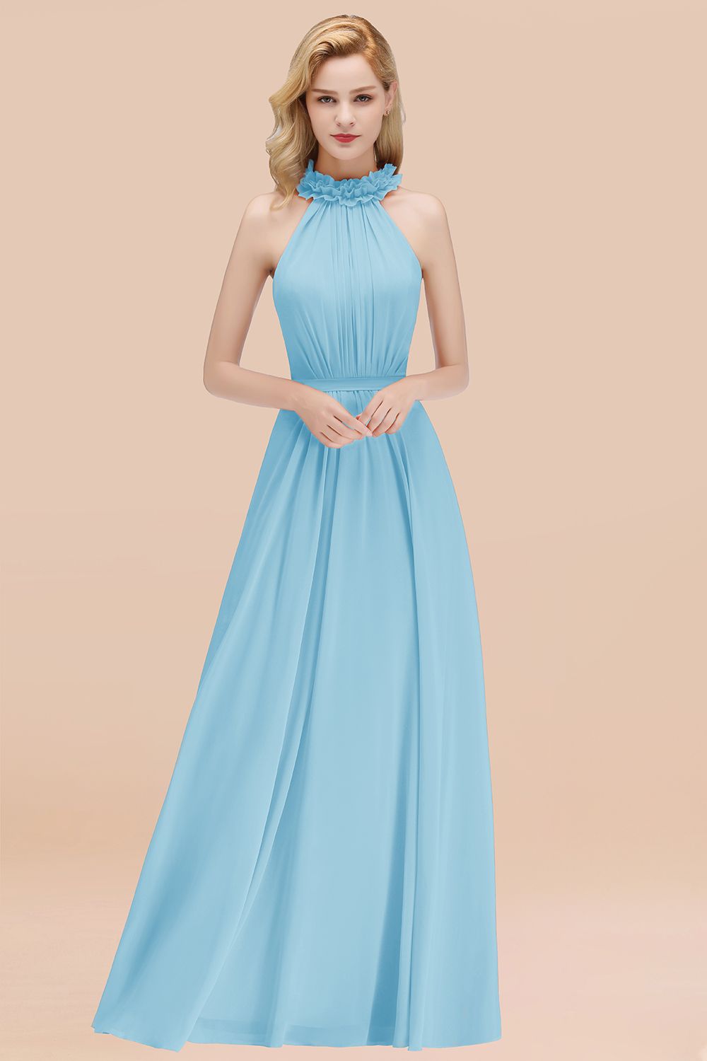 Modest High-Neck Halter Ruffle Chiffon Bridesmaid dresses Affordable