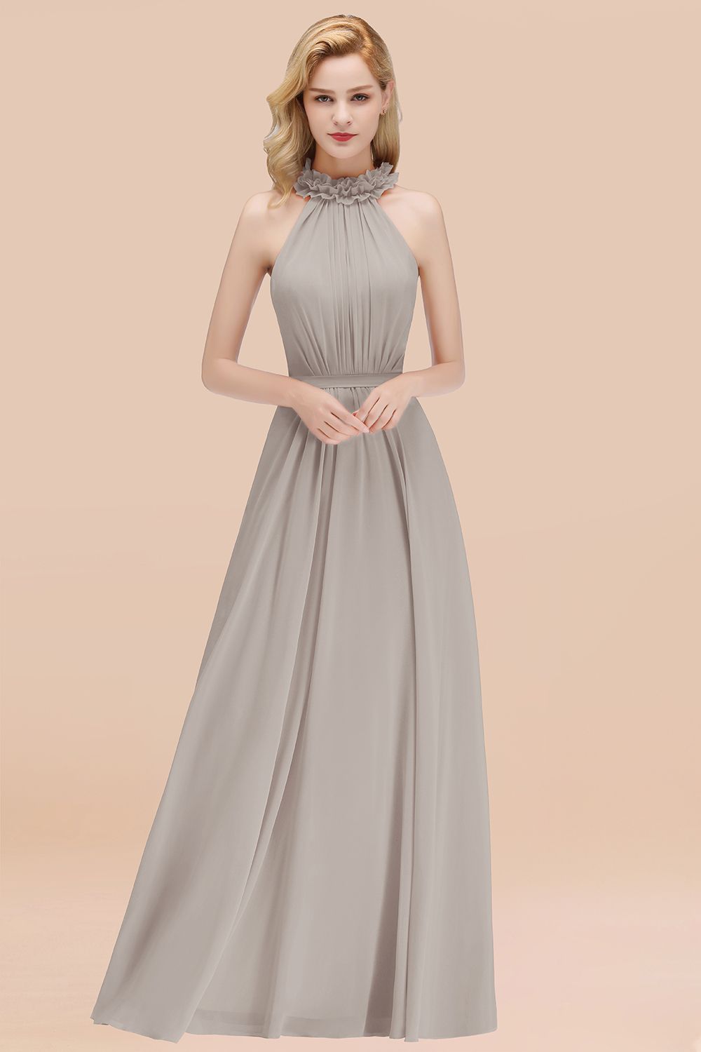 Modest High-Neck Halter Ruffle Chiffon Bridesmaid dresses Affordable