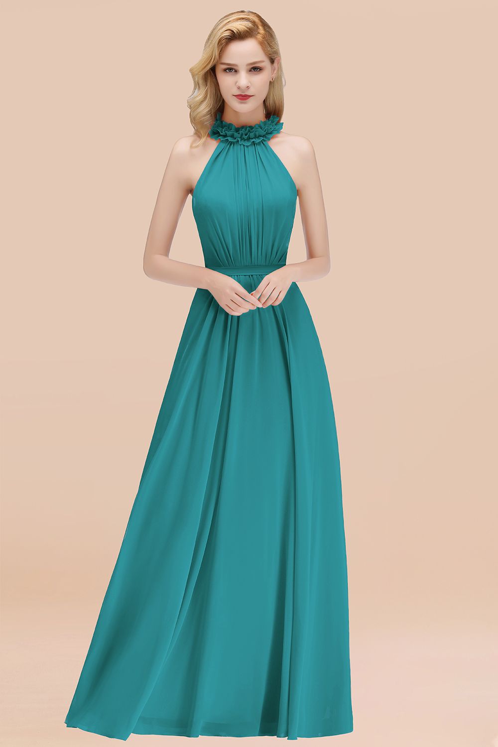 Modest High-Neck Halter Ruffle Chiffon Bridesmaid dresses Affordable