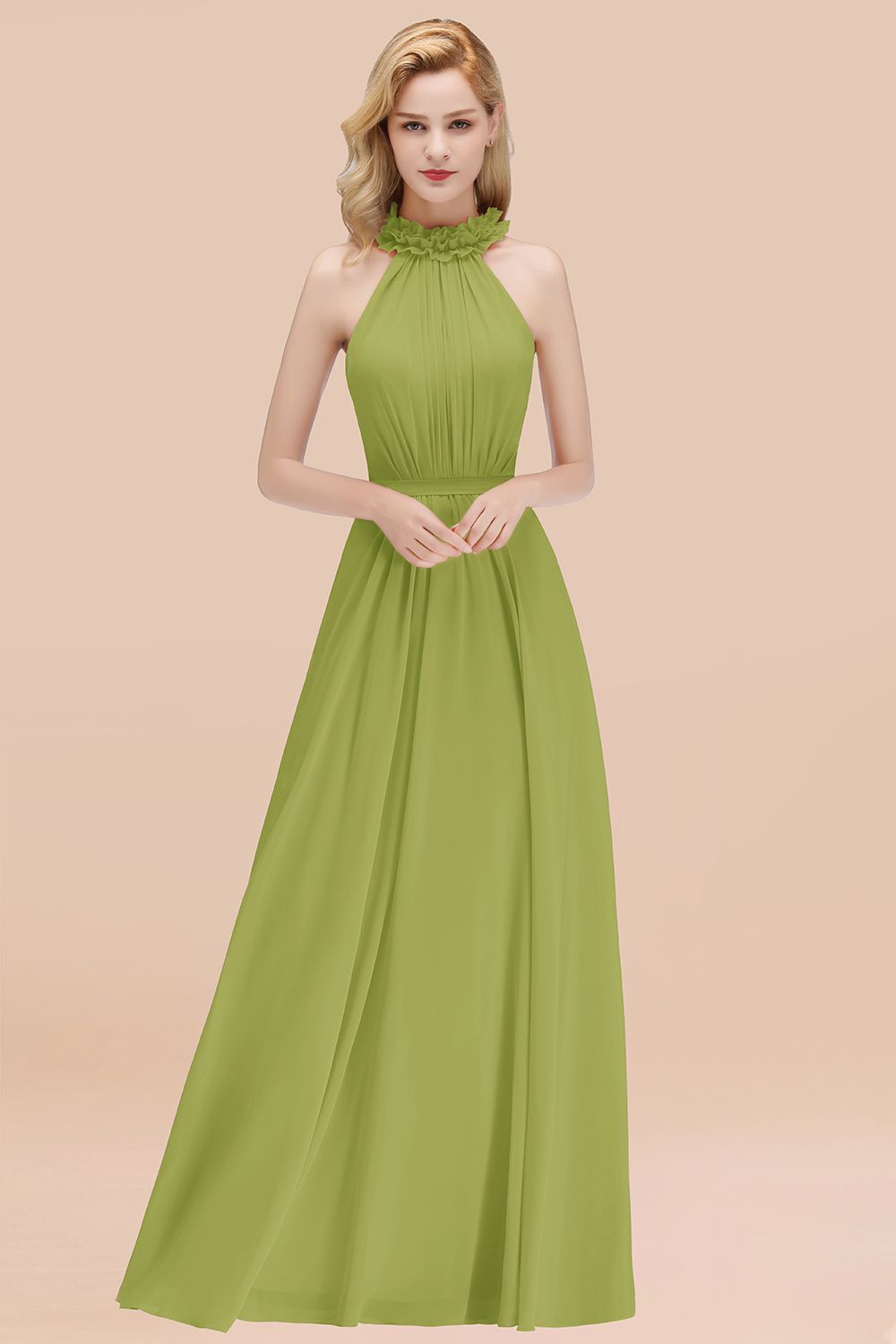 Modest High-Neck Halter Ruffle Chiffon Bridesmaid dresses Affordable