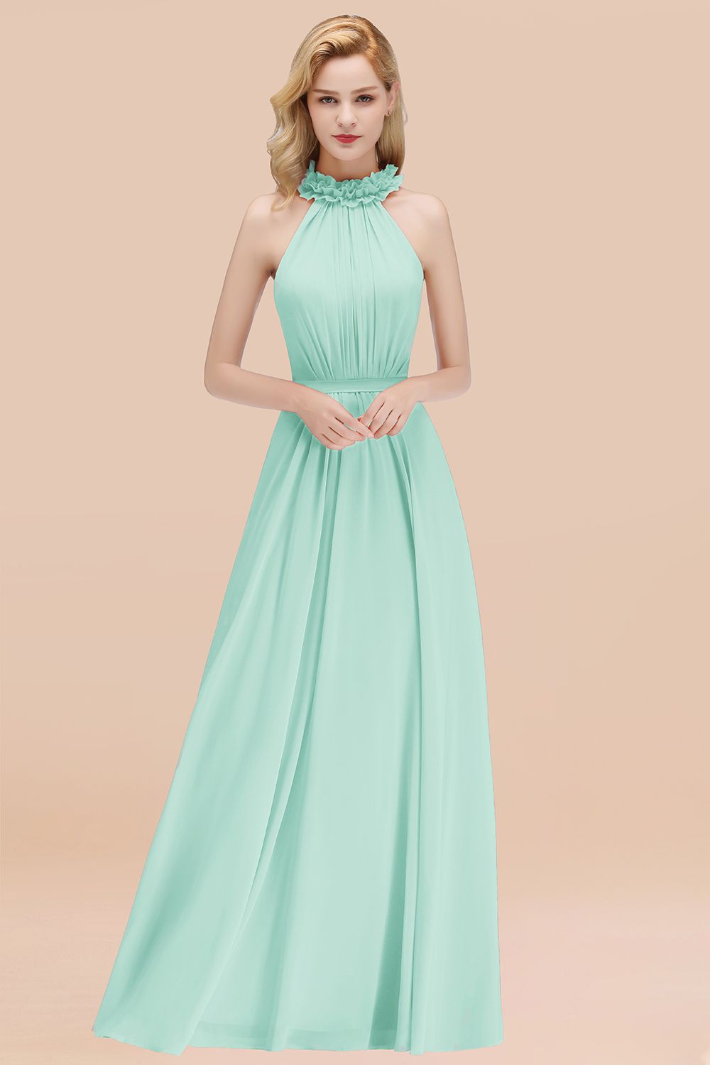 Modest High-Neck Halter Ruffle Chiffon Bridesmaid dresses Affordable