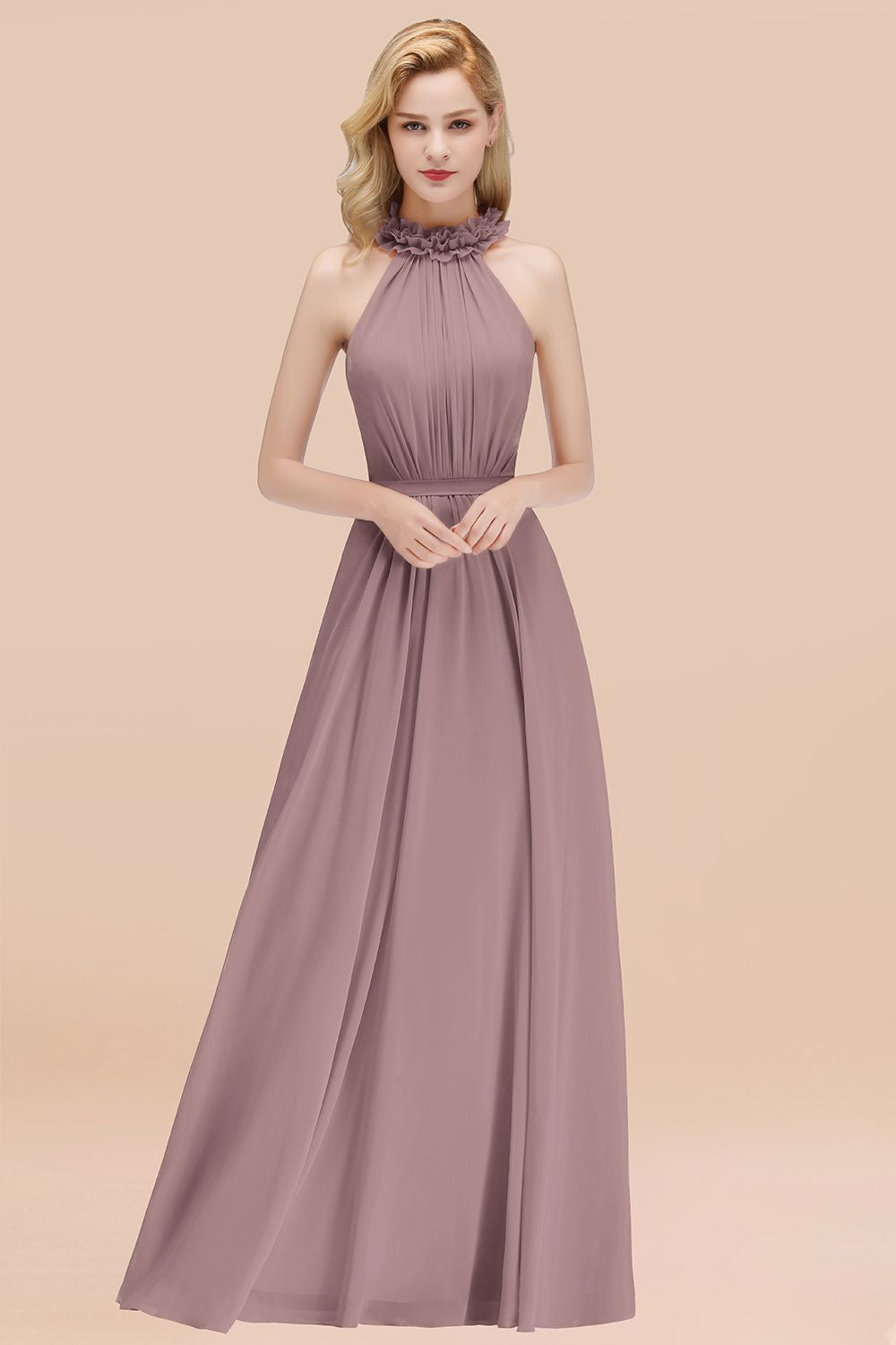 Modest High-Neck Halter Ruffle Chiffon Bridesmaid dresses Affordable