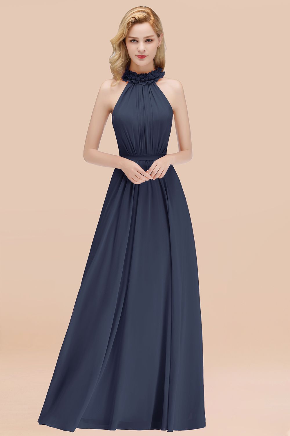 Modest High-Neck Halter Ruffle Chiffon Bridesmaid dresses Affordable