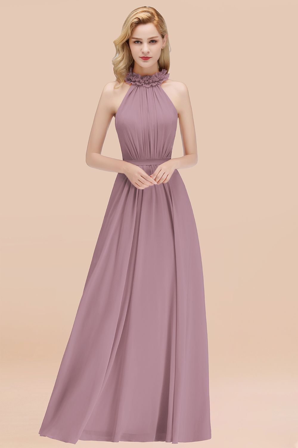 Modest High-Neck Halter Ruffle Chiffon Bridesmaid dresses Affordable