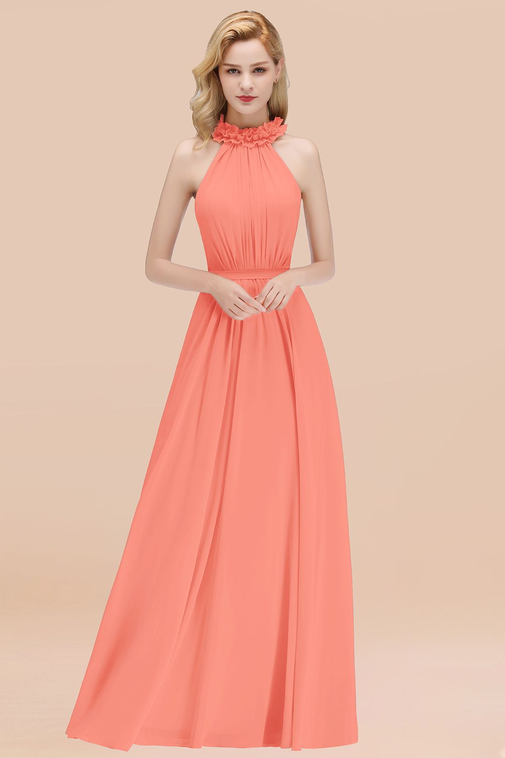 Modest High-Neck Halter Ruffle Chiffon Bridesmaid dresses Affordable