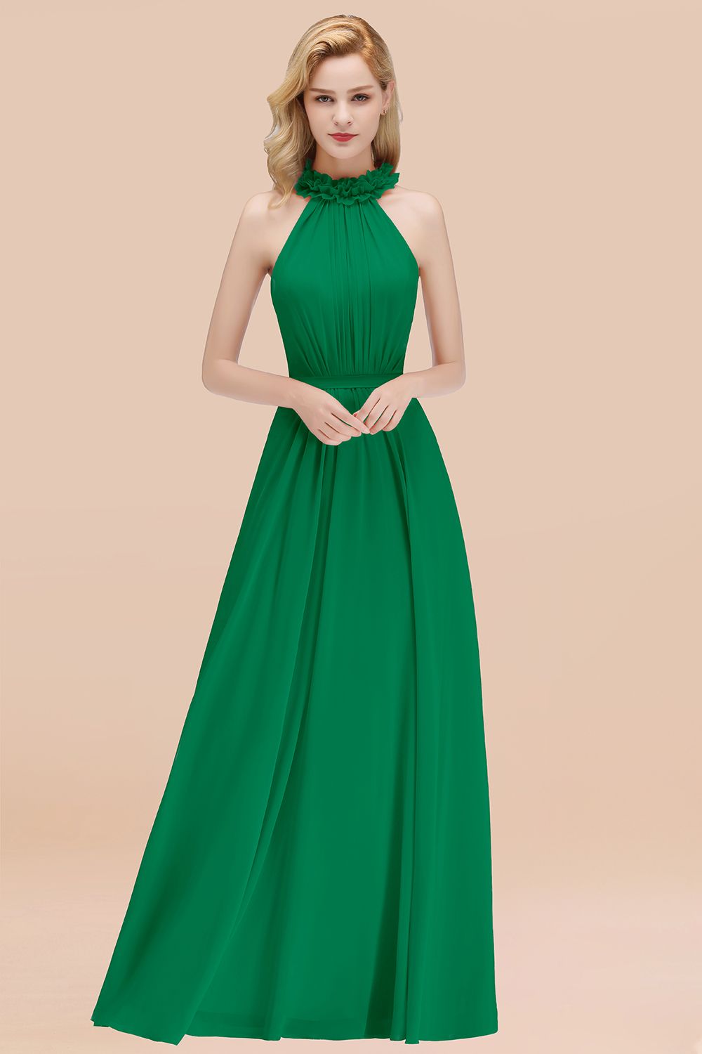 Modest High-Neck Halter Ruffle Chiffon Bridesmaid dresses Affordable