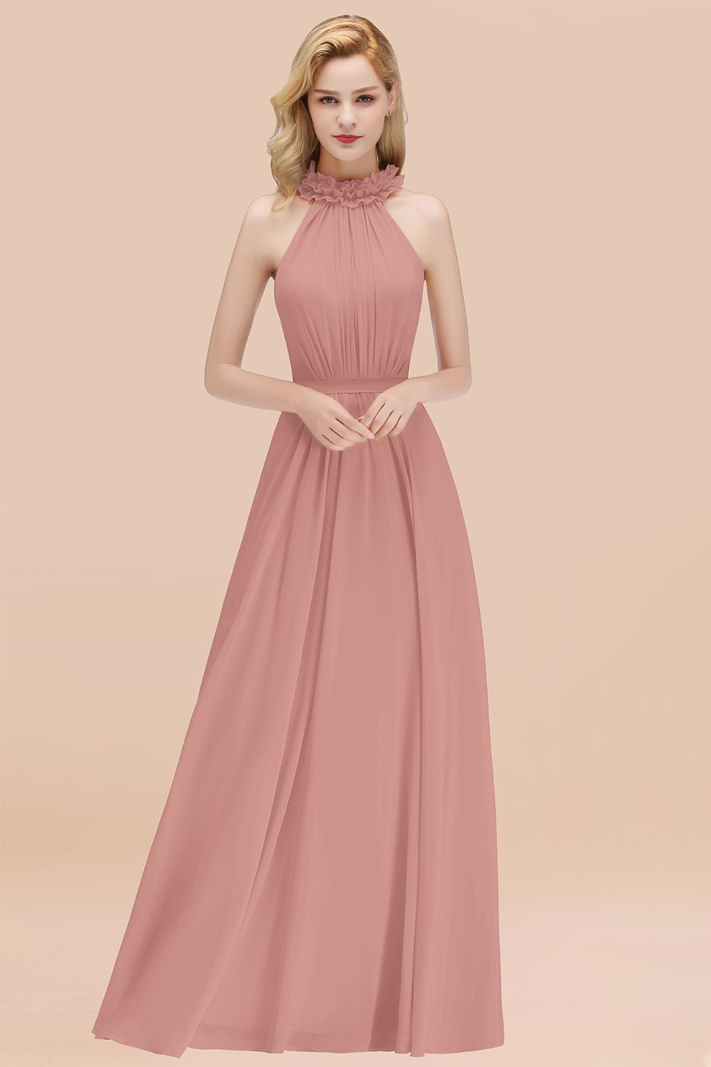 Modest High-Neck Halter Ruffle Chiffon Bridesmaid dresses Affordable