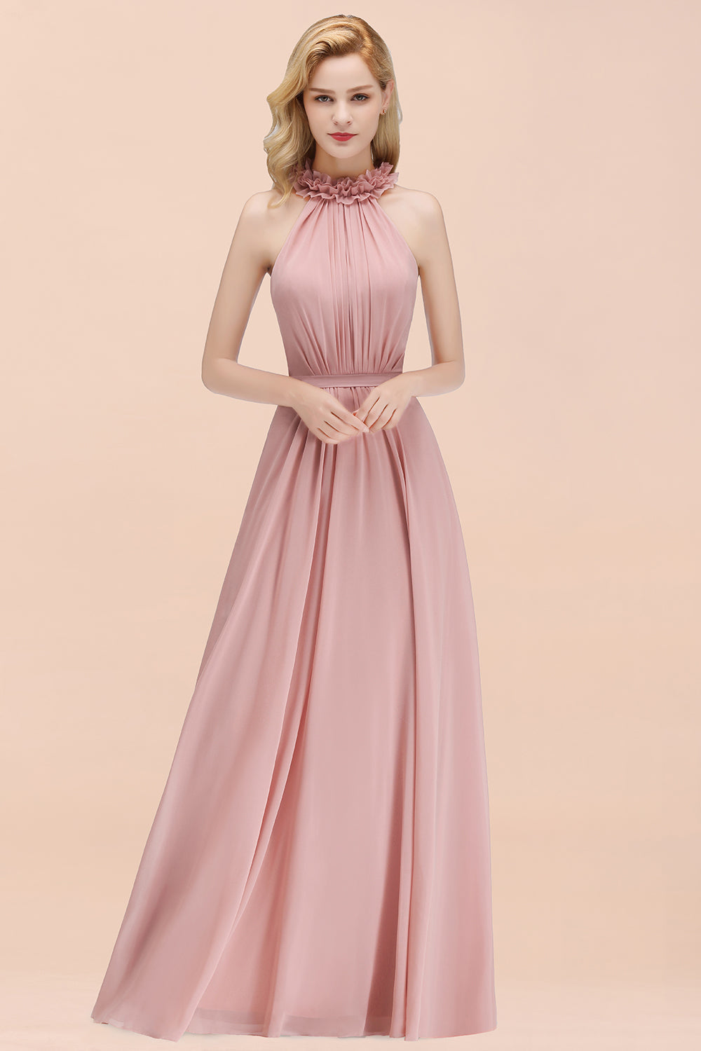 Modest High-Neck Halter Ruffle Chiffon Bridesmaid dresses Affordable