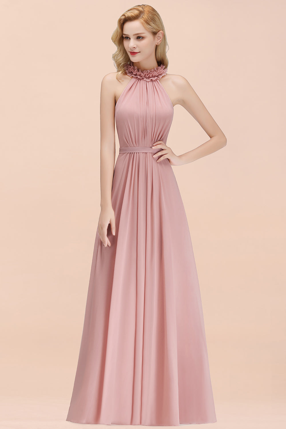 Modest High-Neck Halter Ruffle Chiffon Bridesmaid dresses Affordable