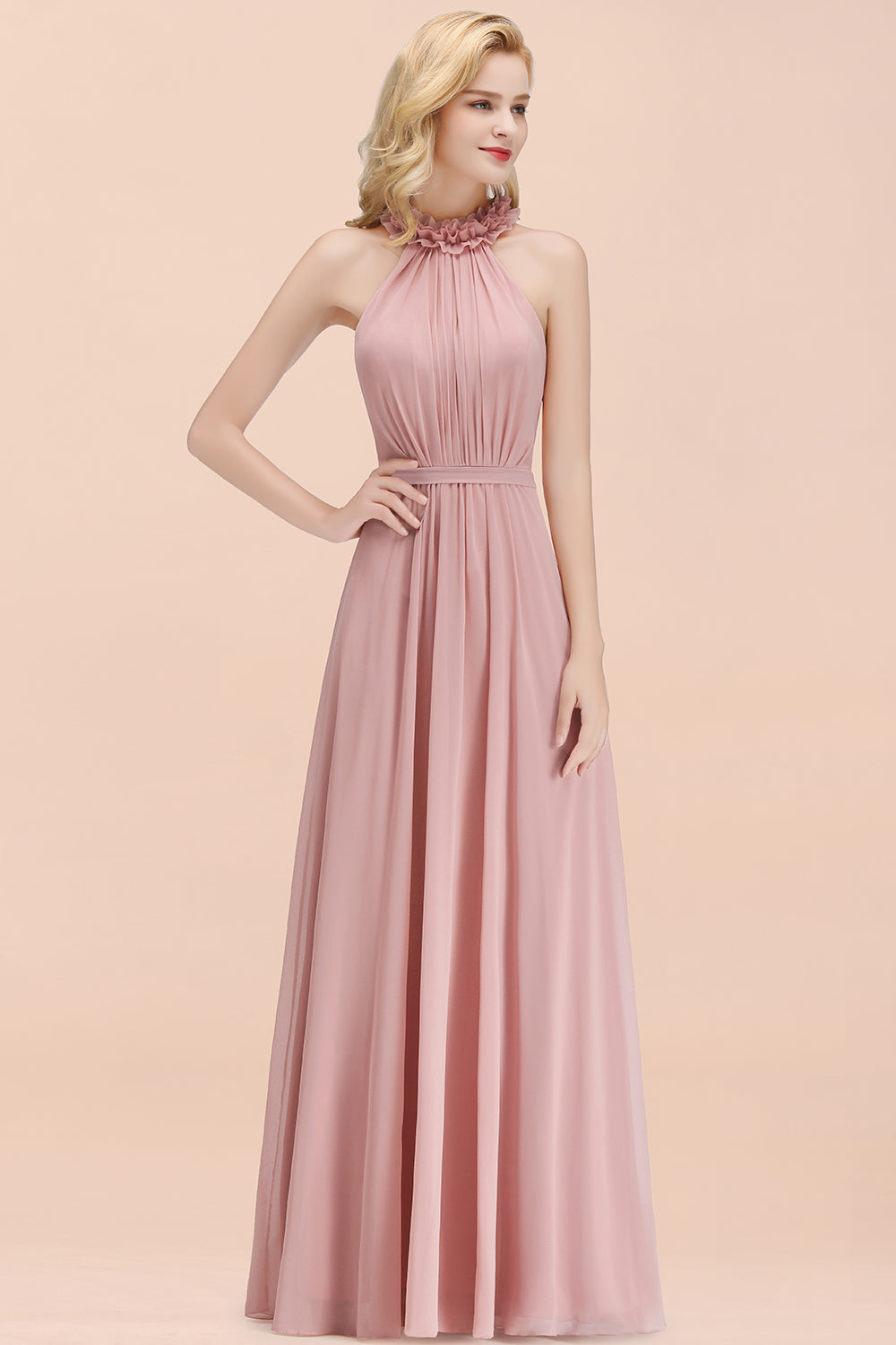 Modest High-Neck Halter Ruffle Chiffon Bridesmaid dresses Affordable