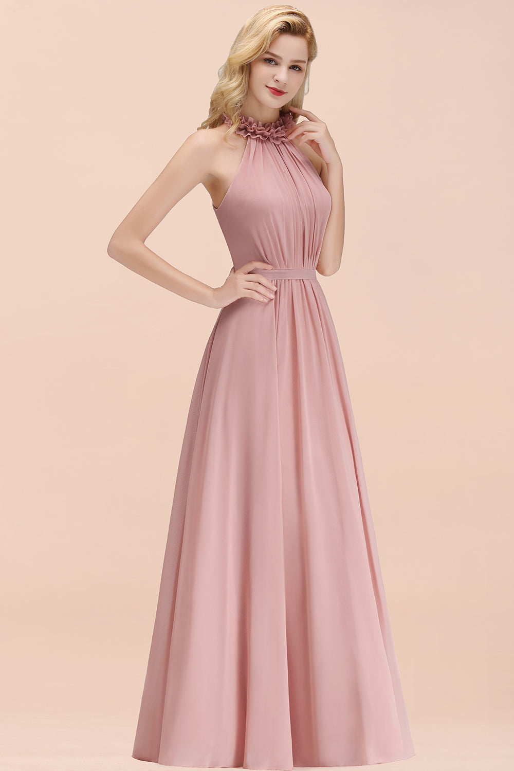 Modest High-Neck Halter Ruffle Chiffon Bridesmaid dresses Affordable