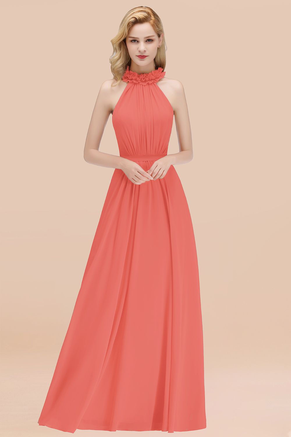 Modest High-Neck Halter Ruffle Chiffon Bridesmaid dresses Affordable