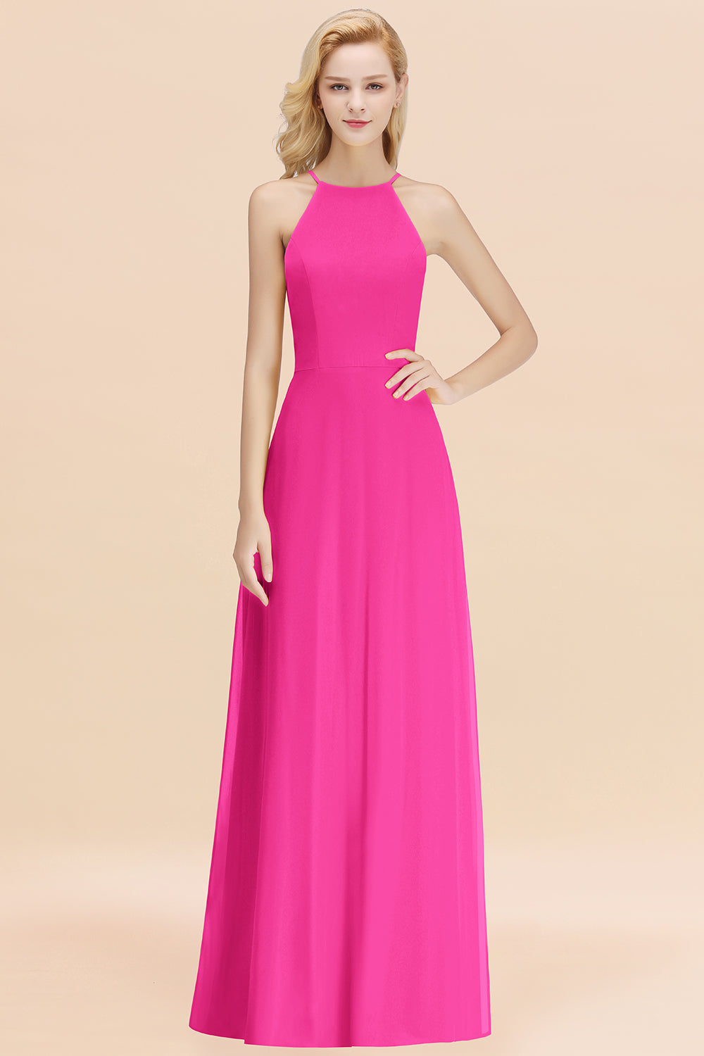 Modest High-Neck Yellow Chiffon Affordable Bridesmaid dresses