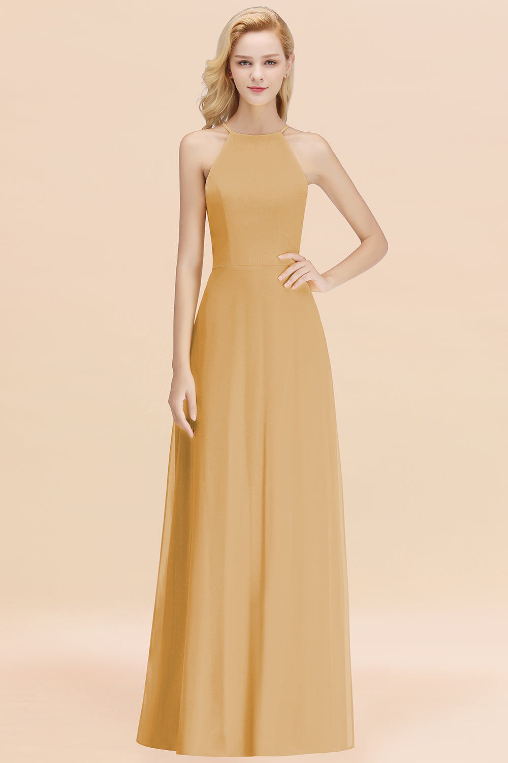 Modest High-Neck Yellow Chiffon Affordable Bridesmaid dresses