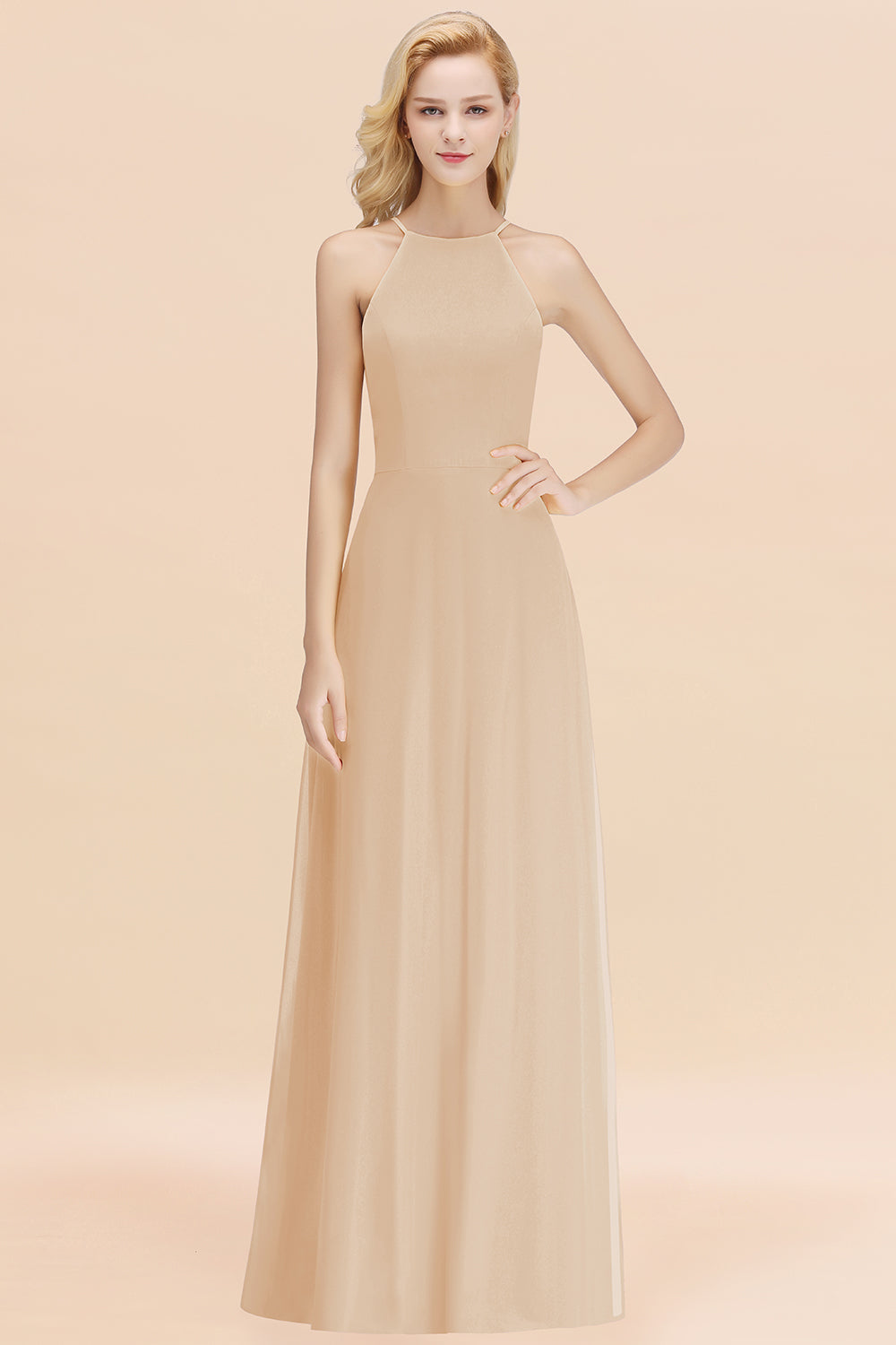 Modest High-Neck Yellow Chiffon Affordable Bridesmaid dresses