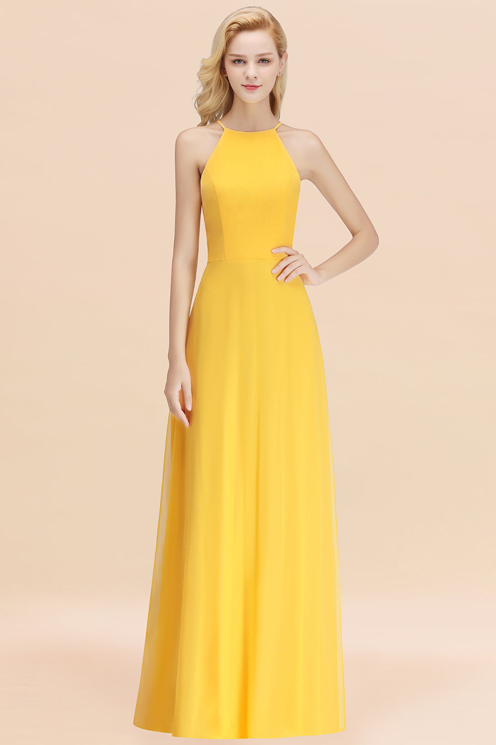 Modest High-Neck Yellow Chiffon Affordable Bridesmaid dresses