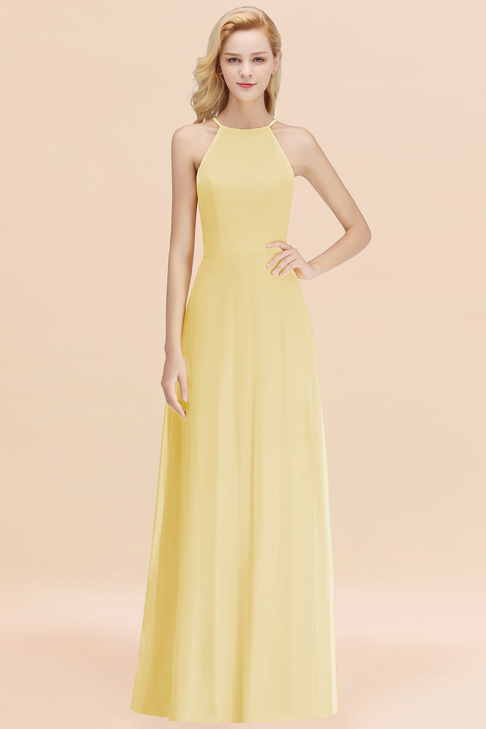 Modest High-Neck Yellow Chiffon Affordable Bridesmaid dresses