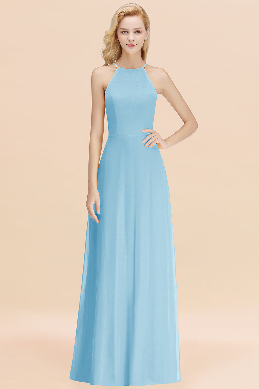 Modest High-Neck Yellow Chiffon Affordable Bridesmaid dresses