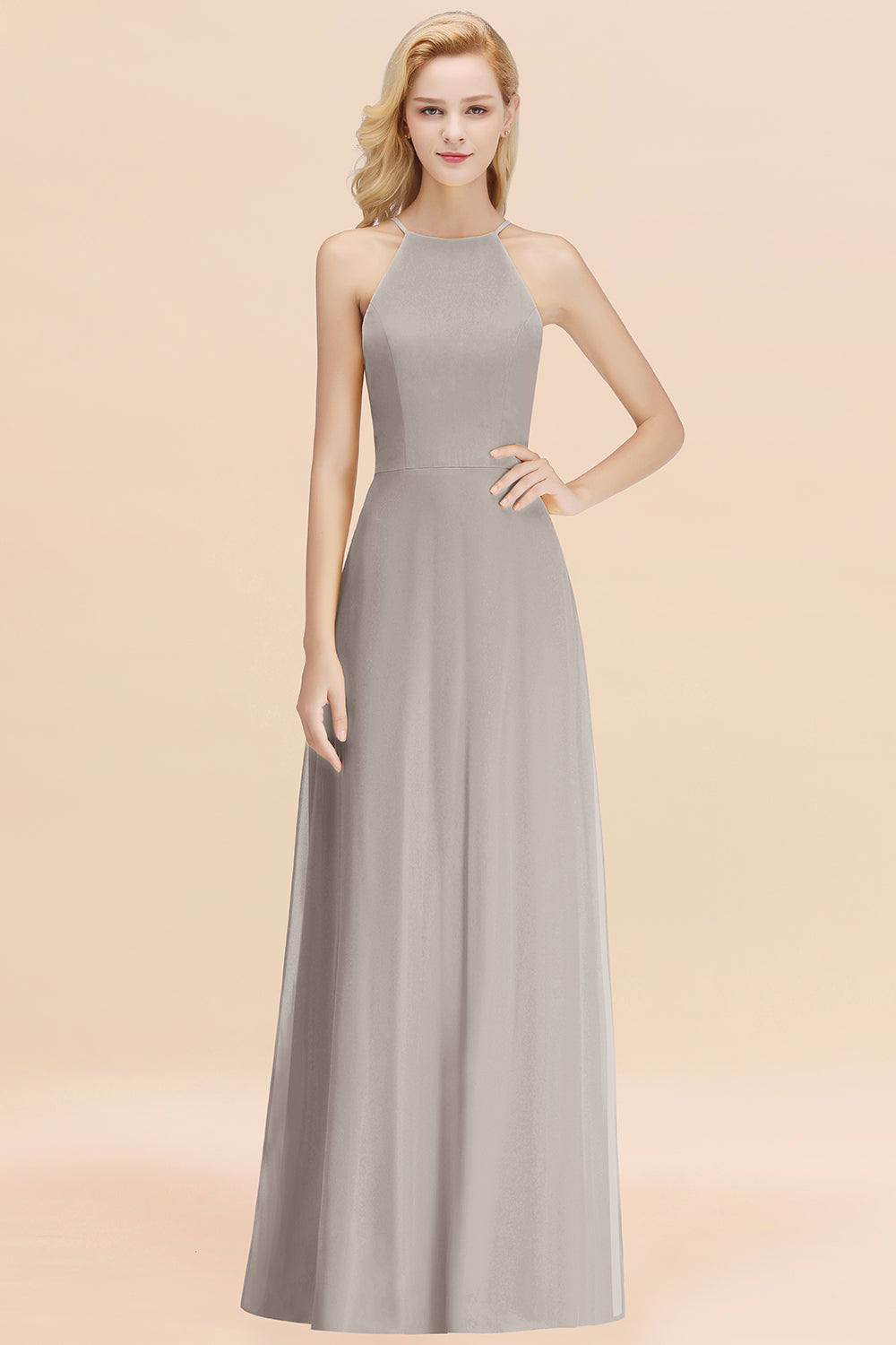 Modest High-Neck Yellow Chiffon Affordable Bridesmaid dresses