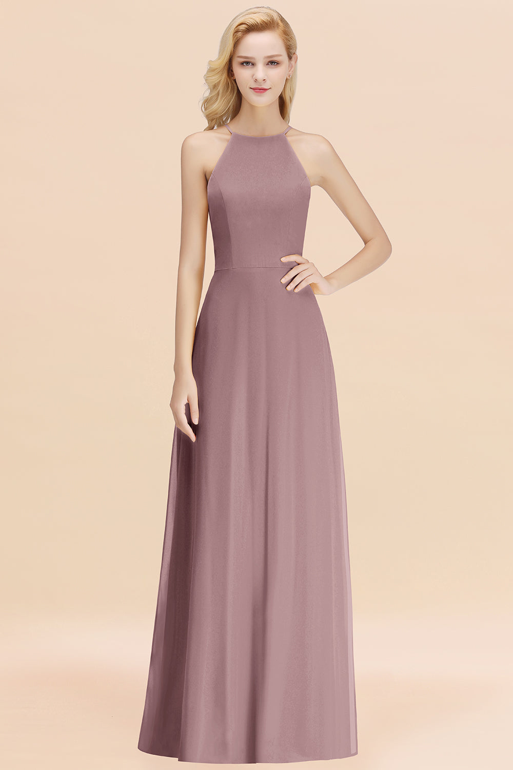 Modest High-Neck Yellow Chiffon Affordable Bridesmaid dresses