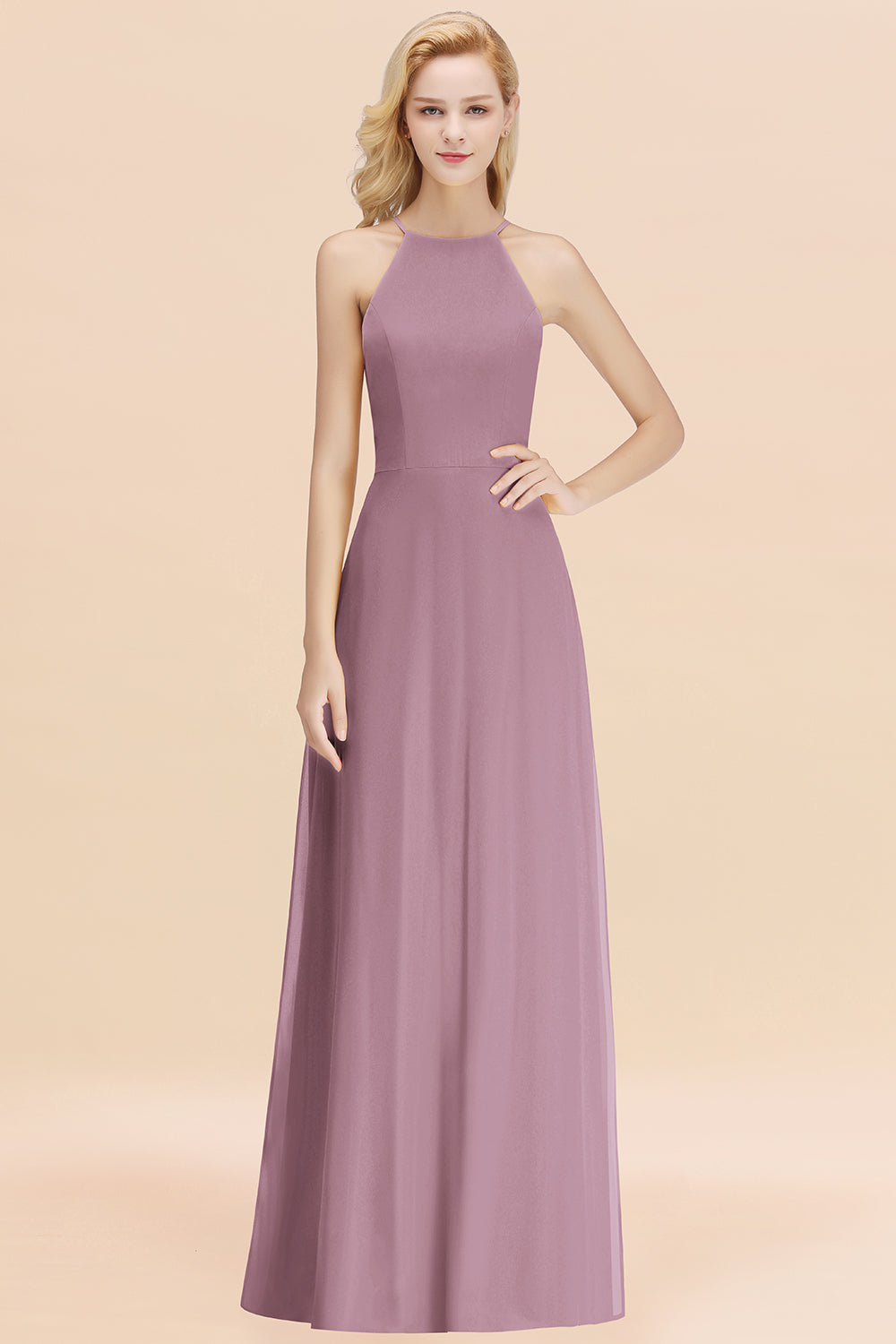 Modest High-Neck Yellow Chiffon Affordable Bridesmaid dresses