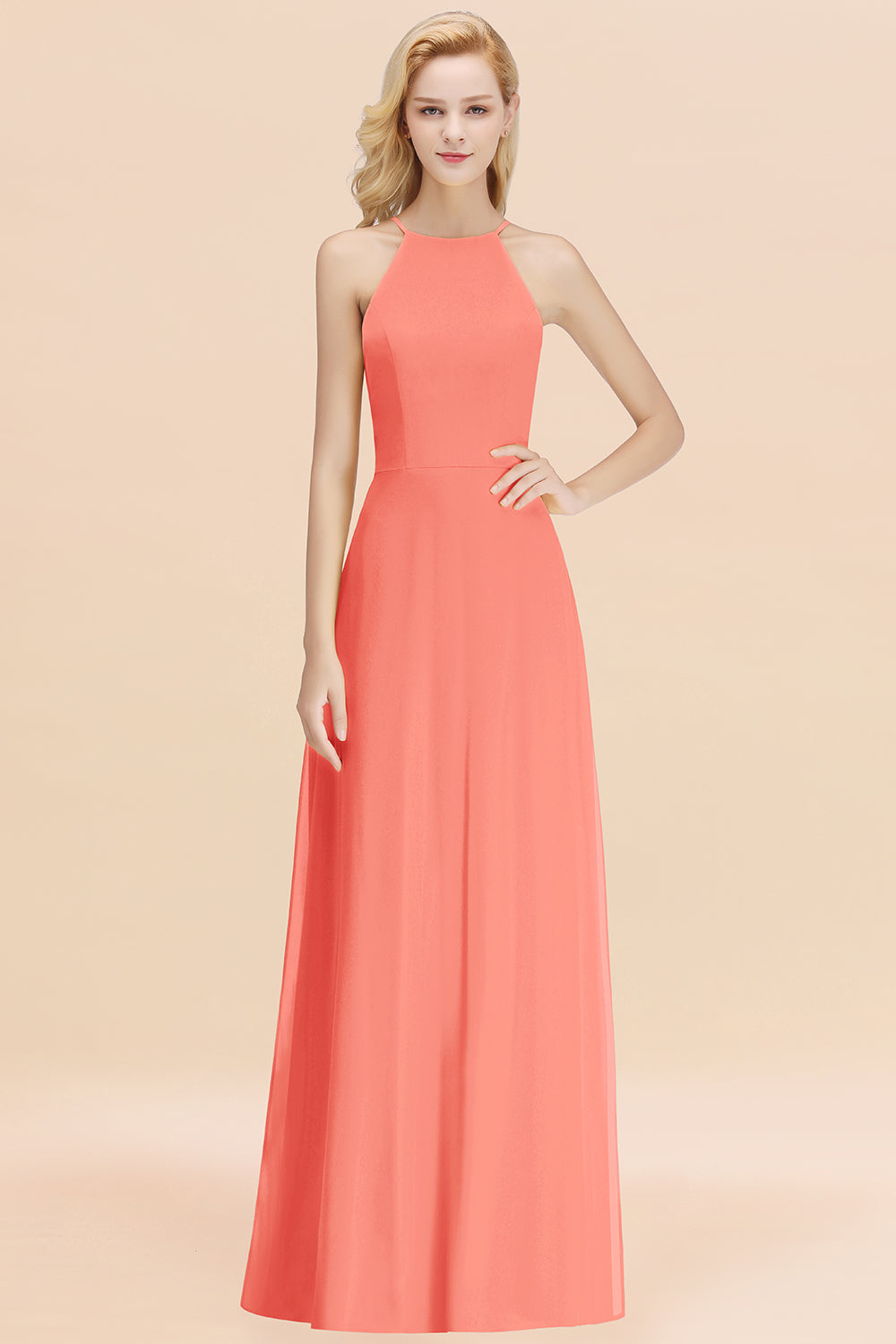 Modest High-Neck Yellow Chiffon Affordable Bridesmaid dresses