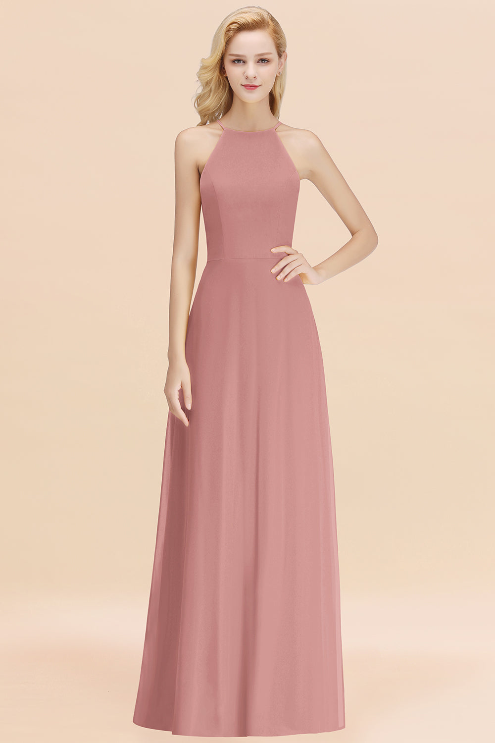 Modest High-Neck Yellow Chiffon Affordable Bridesmaid dresses