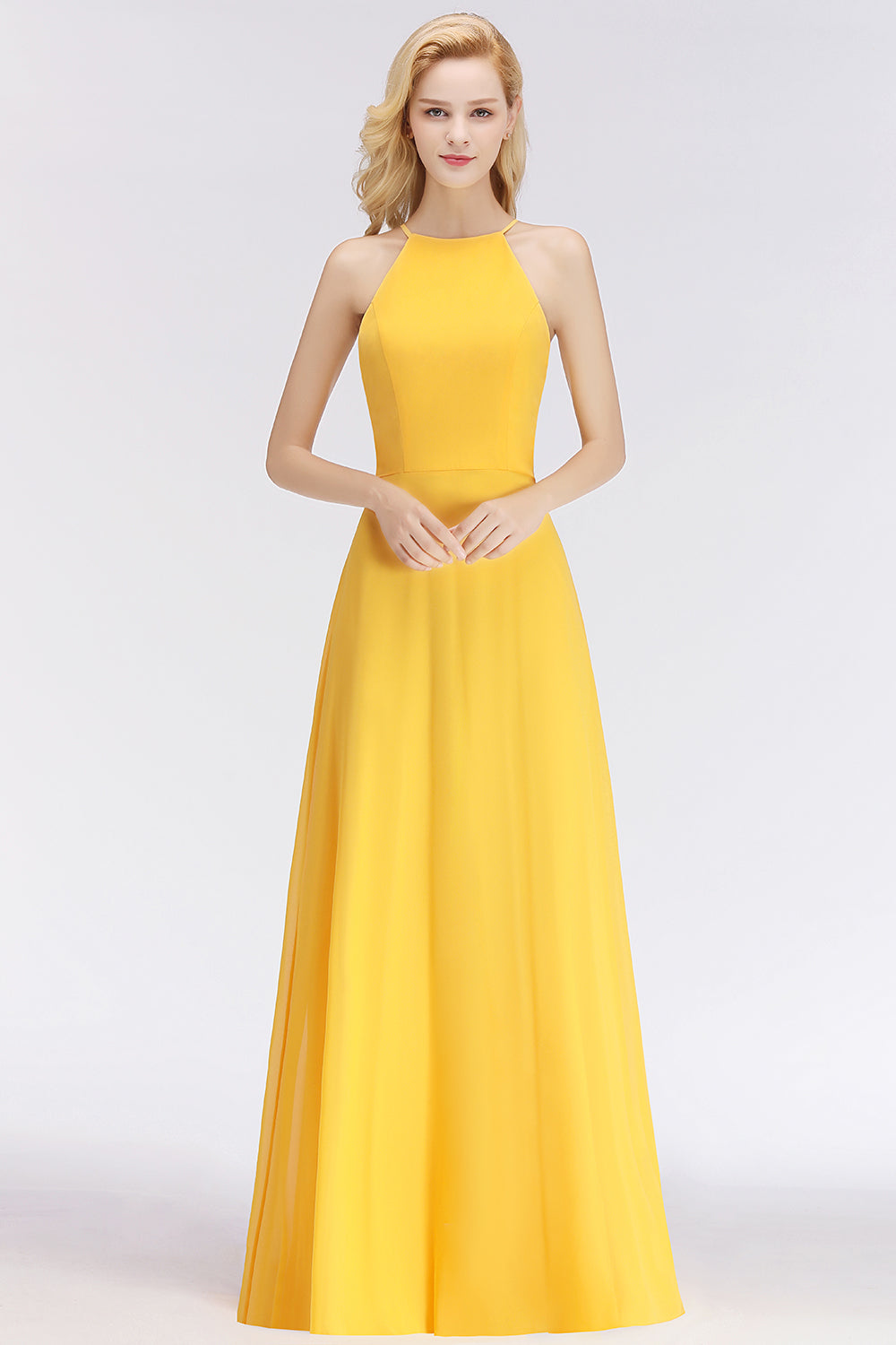 Modest High-Neck Yellow Chiffon Affordable Bridesmaid dresses