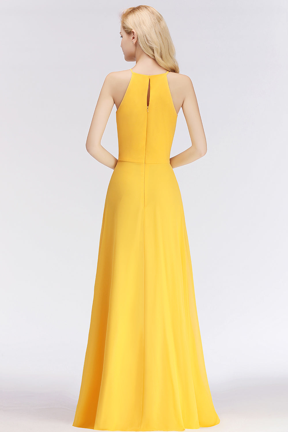 Modest High-Neck Yellow Chiffon Affordable Bridesmaid dresses