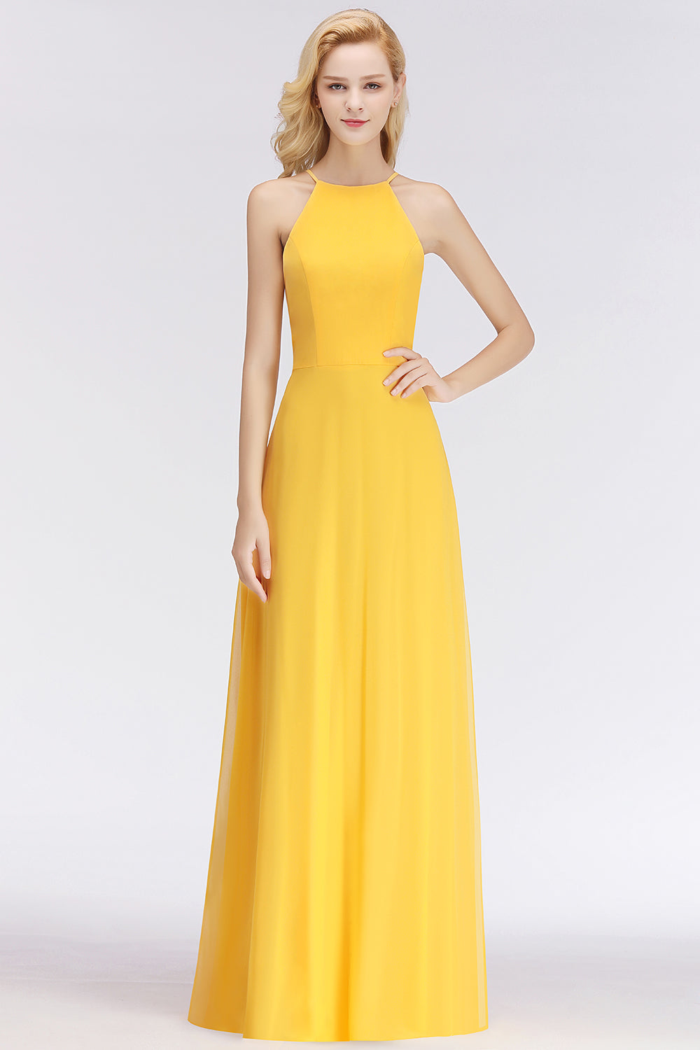 Modest High-Neck Yellow Chiffon Affordable Bridesmaid dresses