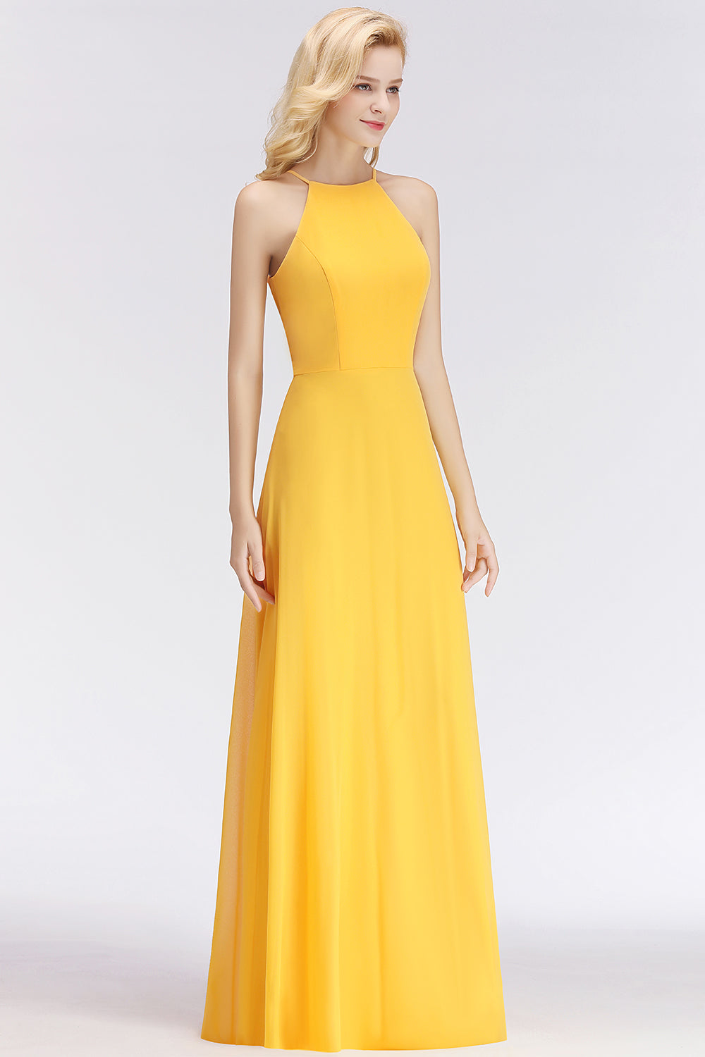 Modest High-Neck Yellow Chiffon Affordable Bridesmaid dresses