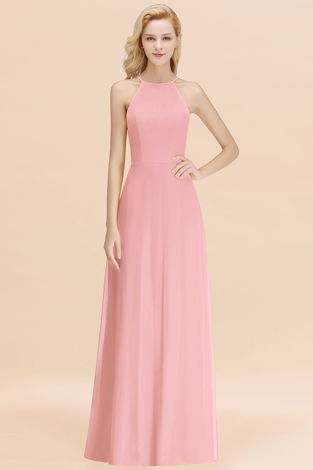 Modest High-Neck Yellow Chiffon Affordable Bridesmaid dresses