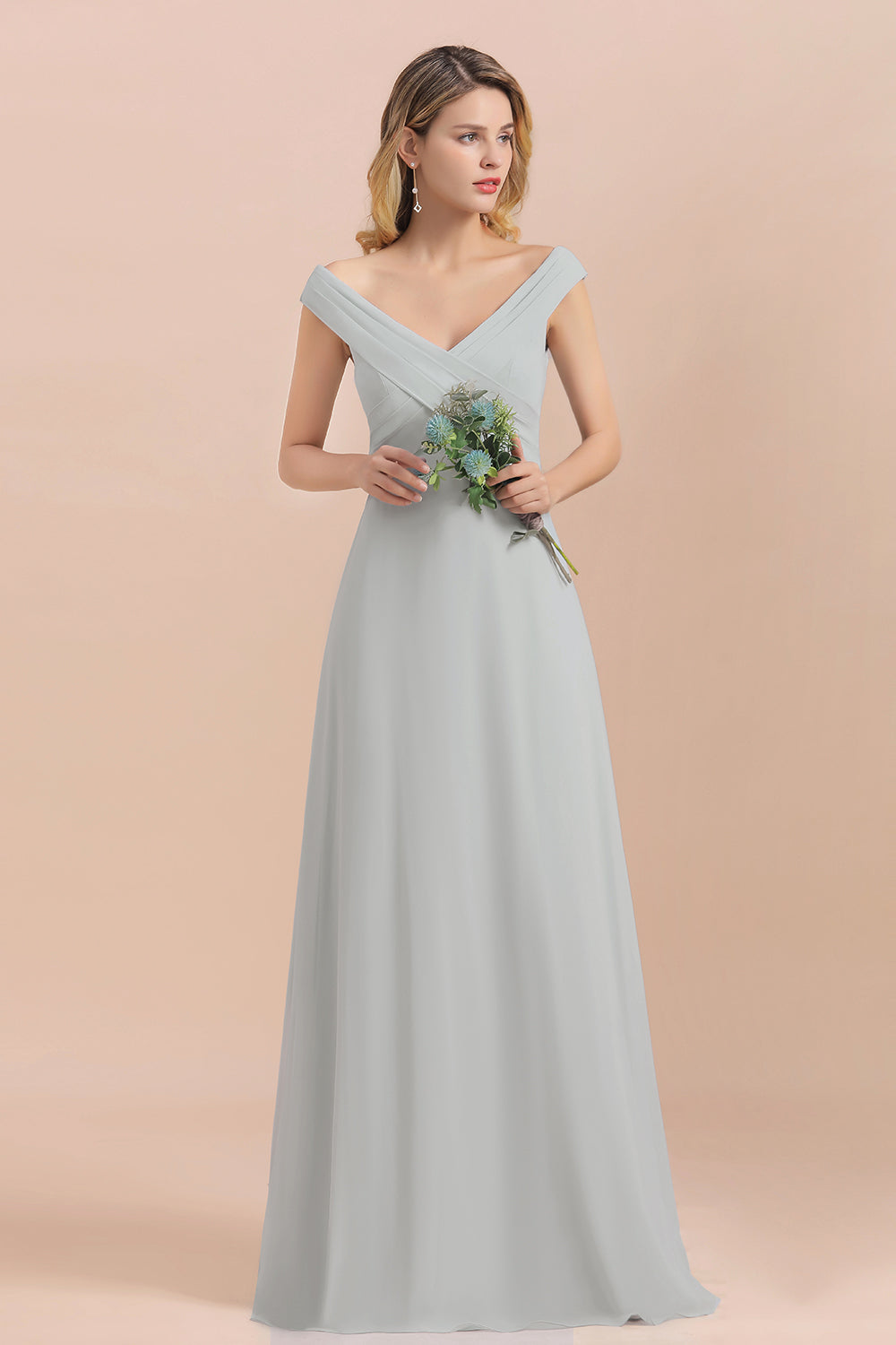 Modest Off-the-Shoulder Mist Chiffon Bridesmaid dresses with Pleats