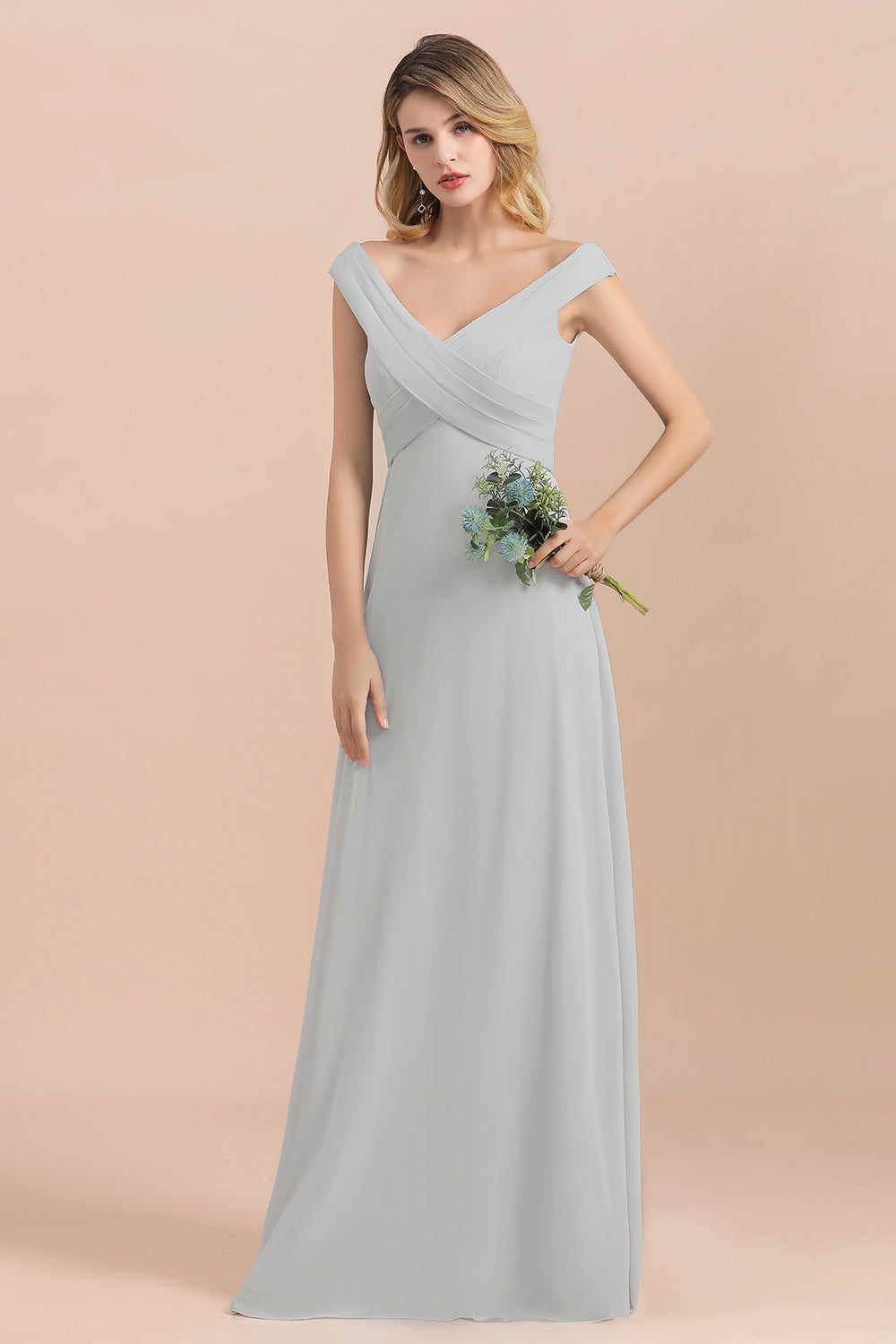 Modest Off-the-Shoulder Mist Chiffon Bridesmaid dresses with Pleats