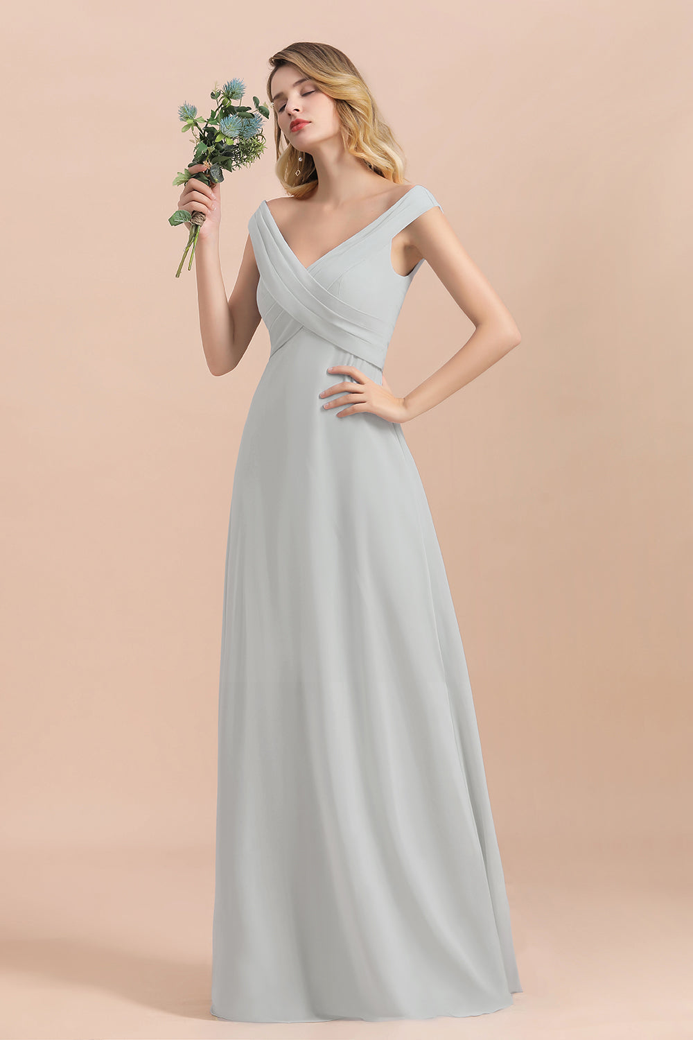 Modest Off-the-Shoulder Mist Chiffon Bridesmaid dresses with Pleats