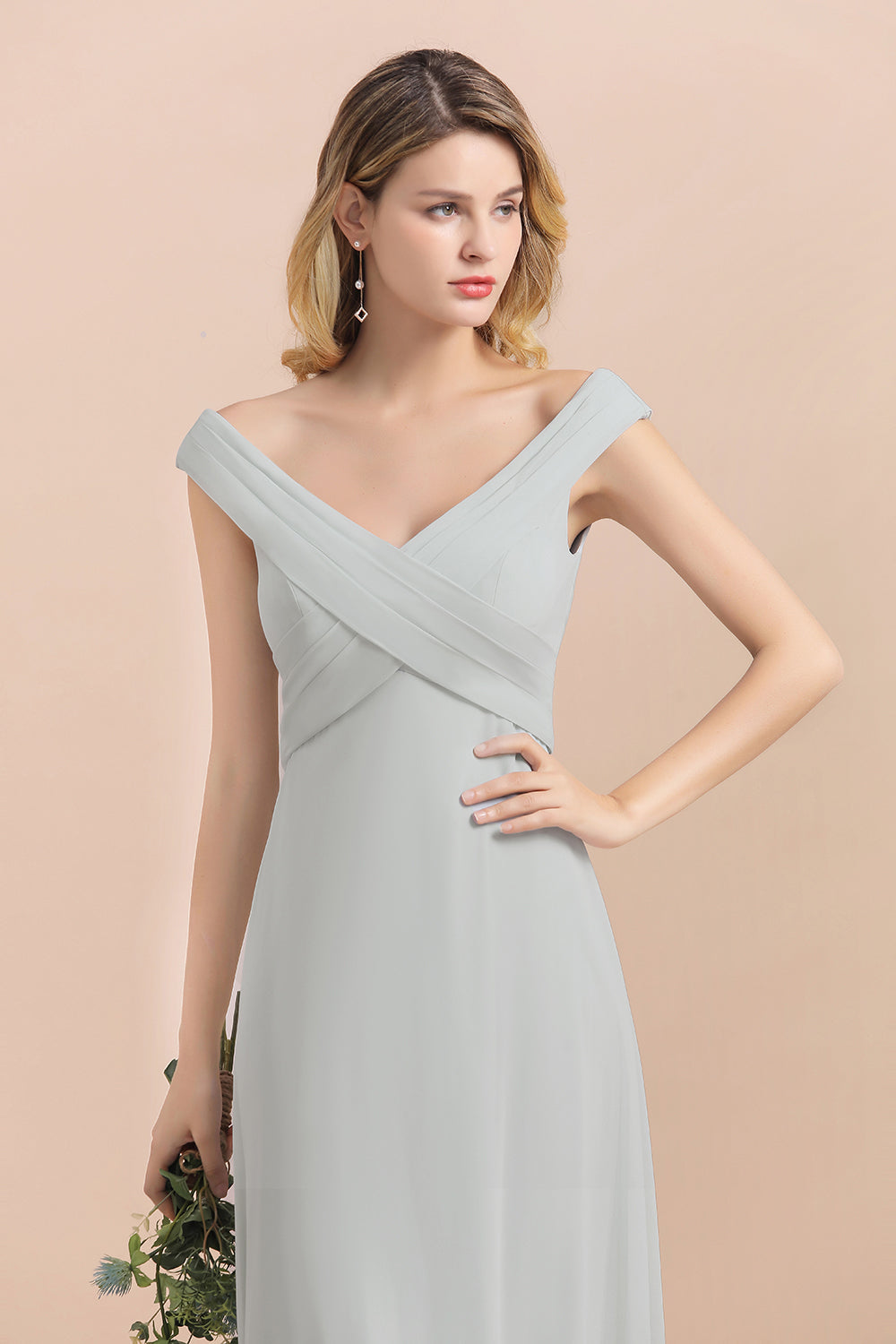 Modest Off-the-Shoulder Mist Chiffon Bridesmaid dresses with Pleats