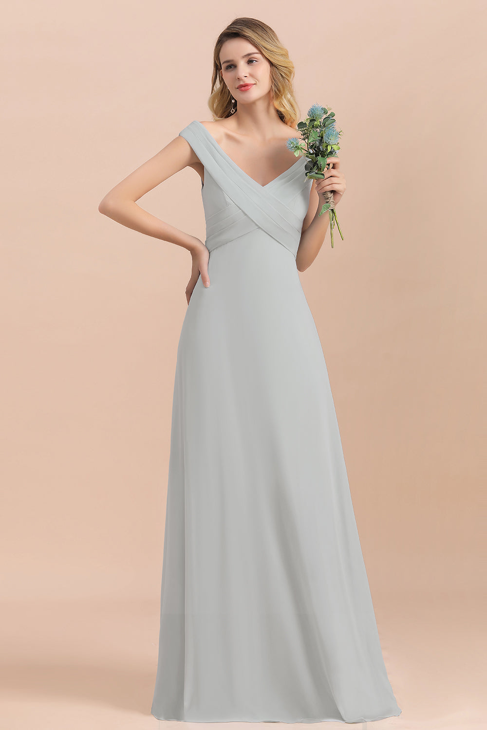 Modest Off-the-Shoulder Mist Chiffon Bridesmaid dresses with Pleats