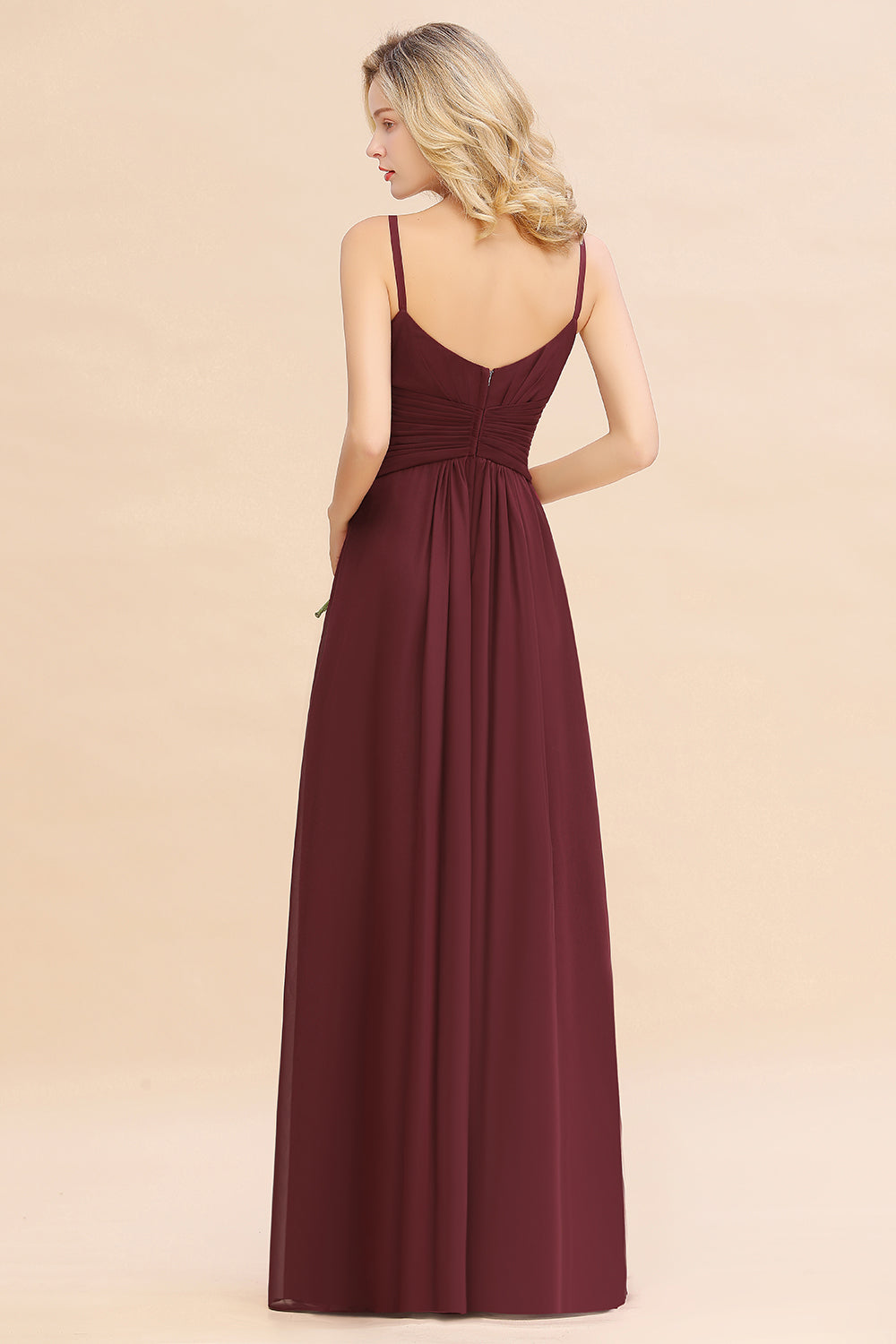 Modest Ruffle Spaghetti Straps Backless Burgundy Bridesmaid dresses Affordable