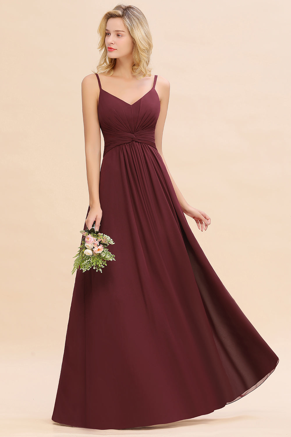 Modest Ruffle Spaghetti Straps Backless Burgundy Bridesmaid dresses Affordable