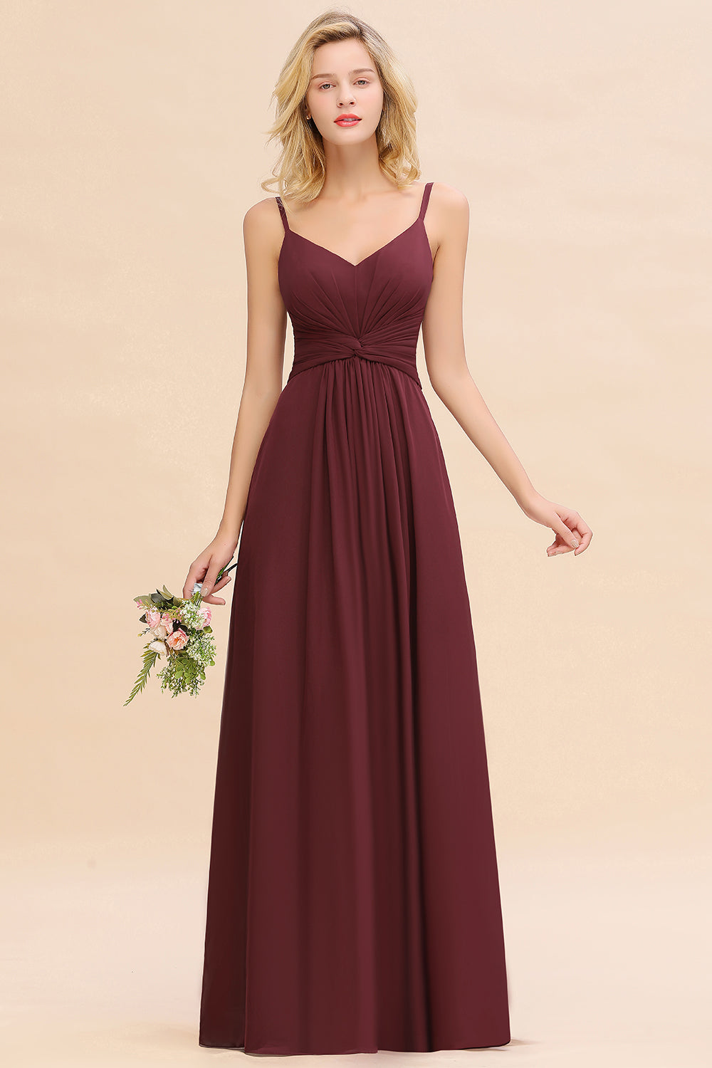 Modest Ruffle Spaghetti Straps Backless Burgundy Bridesmaid dresses Affordable