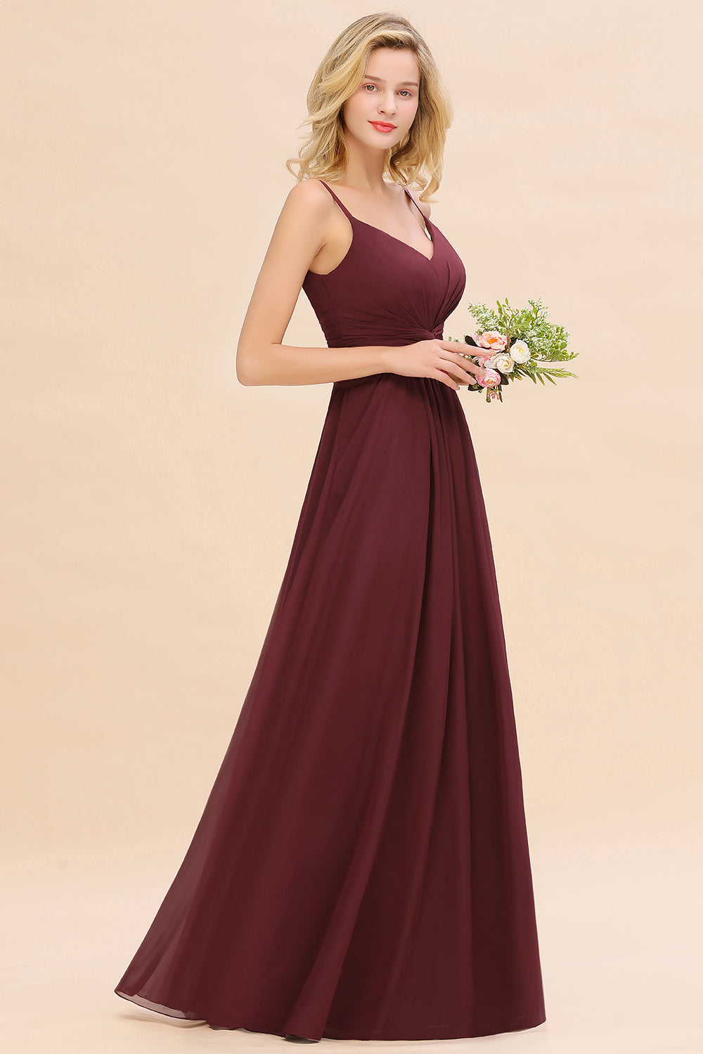 Modest Ruffle Spaghetti Straps Backless Burgundy Bridesmaid dresses Affordable